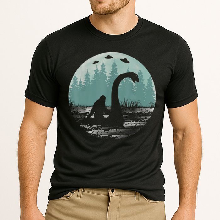 Bigfoot Riding Loch Ness Monster Nessie Funny Sasquatch Ufo Performance Shirt