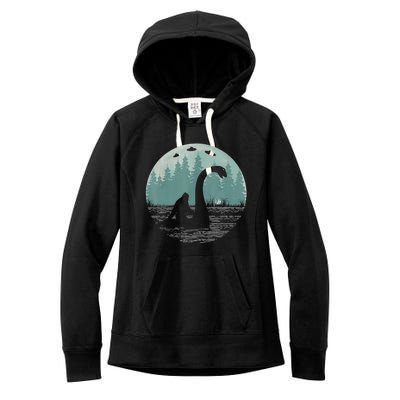 Bigfoot Riding Loch Ness Monster Nessie Funny Sasquatch Ufo Women's Fleece Hoodie