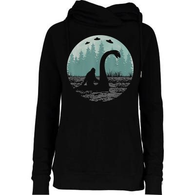 Bigfoot Riding Loch Ness Monster Nessie Funny Sasquatch Ufo Womens Funnel Neck Pullover Hood