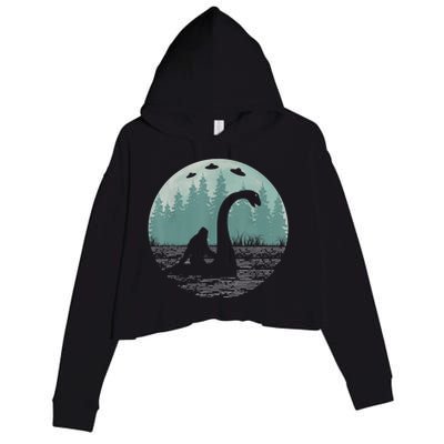 Bigfoot Riding Loch Ness Monster Nessie Funny Sasquatch Ufo Crop Fleece Hoodie