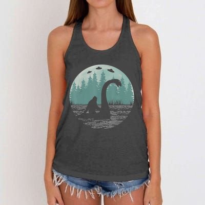 Bigfoot Riding Loch Ness Monster Nessie Funny Sasquatch Ufo Women's Knotted Racerback Tank