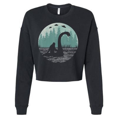 Bigfoot Riding Loch Ness Monster Nessie Funny Sasquatch Ufo Cropped Pullover Crew