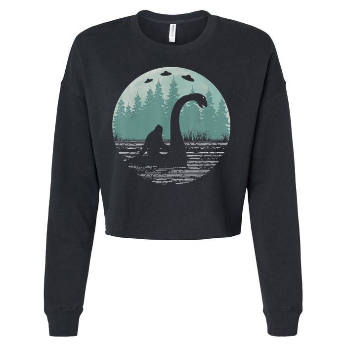 Bigfoot Riding Loch Ness Monster Nessie Funny Sasquatch Ufo Cropped Pullover Crew