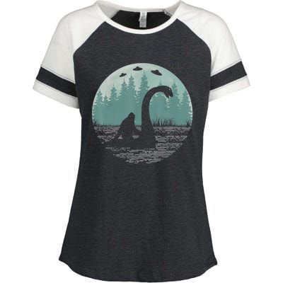 Bigfoot Riding Loch Ness Monster Nessie Funny Sasquatch Ufo Enza Ladies Jersey Colorblock Tee