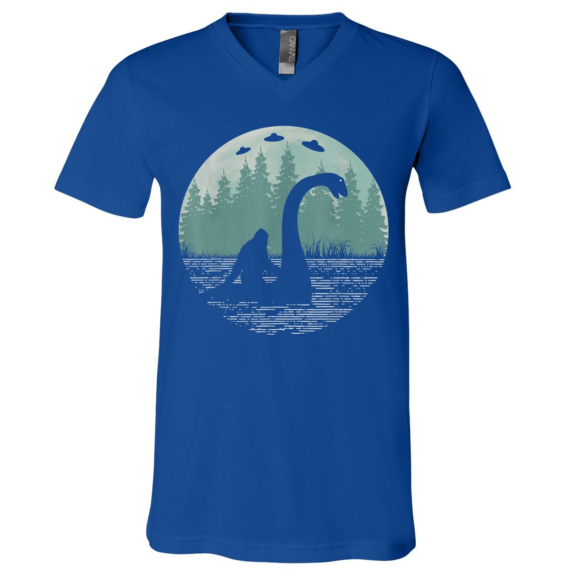 Bigfoot Riding Loch Ness Monster Nessie Funny Sasquatch Ufo V-Neck T-Shirt