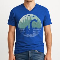 Bigfoot Riding Loch Ness Monster Nessie Funny Sasquatch Ufo V-Neck T-Shirt