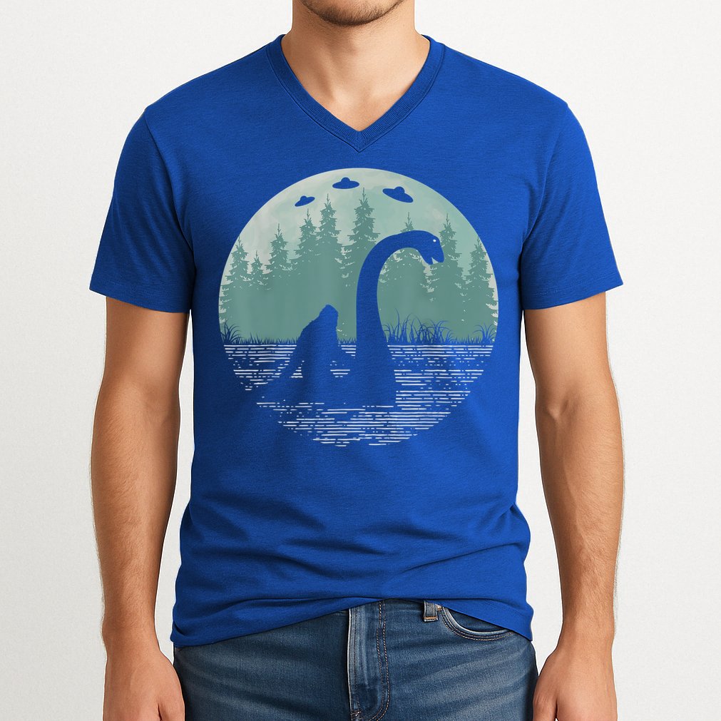 Bigfoot Riding Loch Ness Monster Nessie Funny Sasquatch Ufo V-Neck T-Shirt