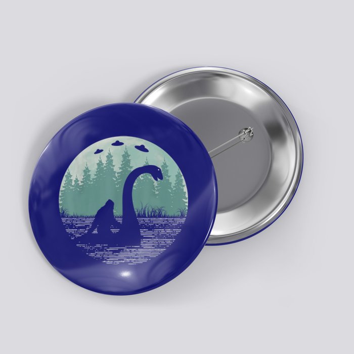 Bigfoot Riding Loch Ness Monster Nessie Funny Sasquatch Ufo Button