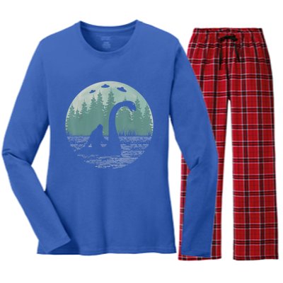 Bigfoot Riding Loch Ness Monster Nessie Funny Sasquatch Ufo Women's Long Sleeve Flannel Pajama Set 