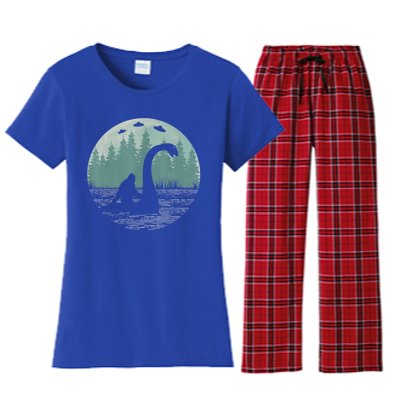 Bigfoot Riding Loch Ness Monster Nessie Funny Sasquatch Ufo Women's Flannel Pajama Set