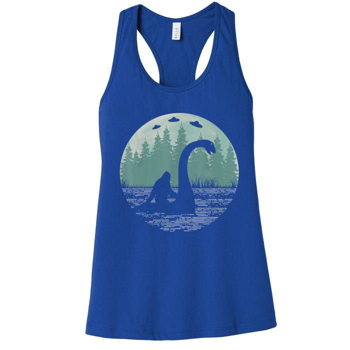 Bigfoot Riding Loch Ness Monster Nessie Funny Sasquatch Ufo Women's Racerback Tank