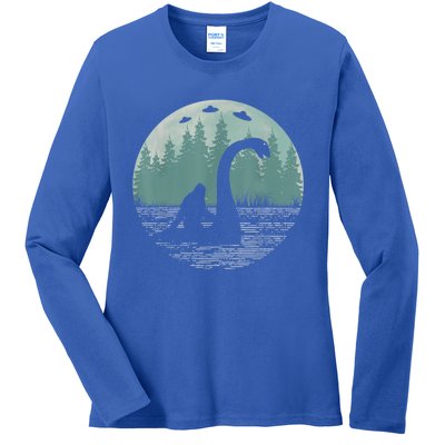 Bigfoot Riding Loch Ness Monster Nessie Funny Sasquatch Ufo Ladies Long Sleeve Shirt