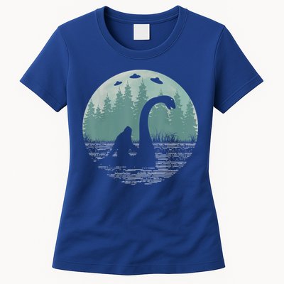 Bigfoot Riding Loch Ness Monster Nessie Funny Sasquatch Ufo Womens T-Shirt