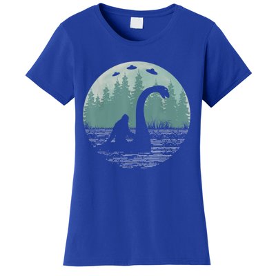 Bigfoot Riding Loch Ness Monster Nessie Funny Sasquatch Ufo Women's T-Shirt