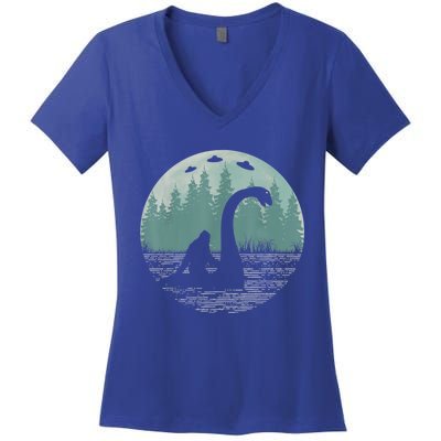 Bigfoot Riding Loch Ness Monster Nessie Funny Sasquatch Ufo Women's V-Neck T-Shirt