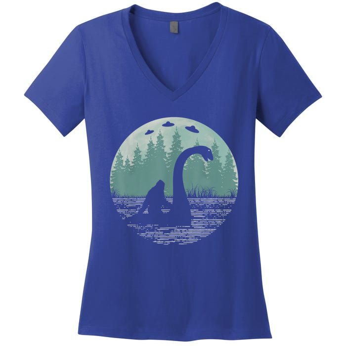 Bigfoot Riding Loch Ness Monster Nessie Funny Sasquatch Ufo Women's V-Neck T-Shirt