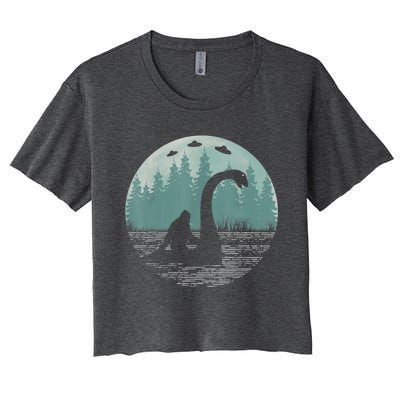 Bigfoot Riding Loch Ness Monster Nessie Funny Sasquatch Ufo Women's Crop Top Tee