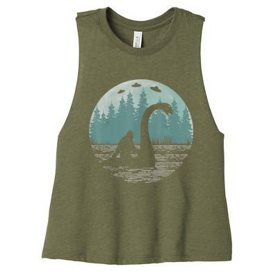 Bigfoot Riding Loch Ness Monster Nessie Funny Sasquatch Ufo Women's Racerback Cropped Tank