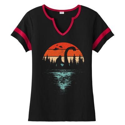 Bigfoot Riding Loch Ness Monster 80s Funny Sasquatch Nessie Ladies Halftime Notch Neck Tee