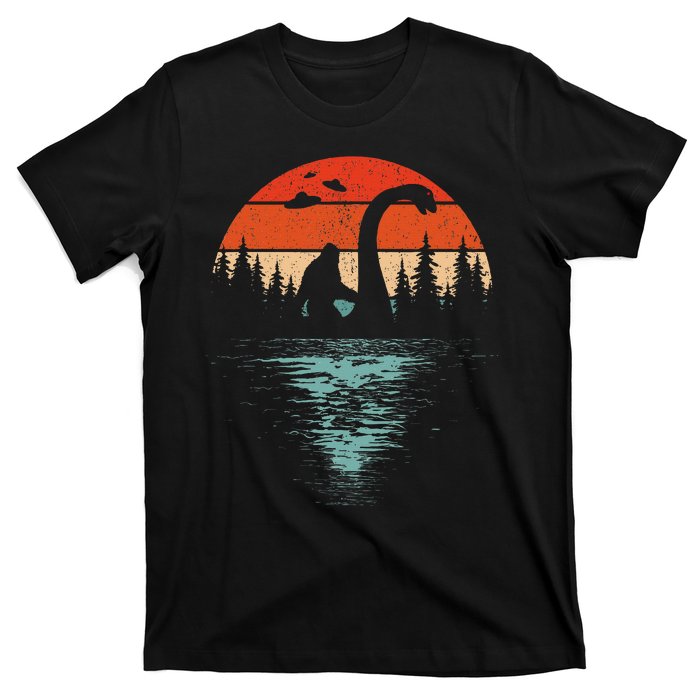 Bigfoot Riding Loch Ness Monster 80s Funny Sasquatch Nessie T-Shirt