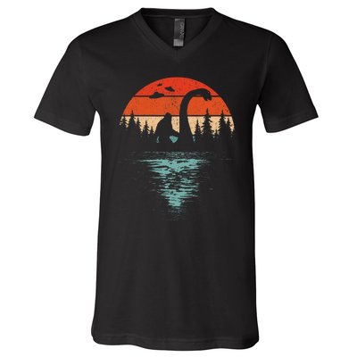 Bigfoot Riding Loch Ness Monster 80s Funny Sasquatch Nessie V-Neck T-Shirt