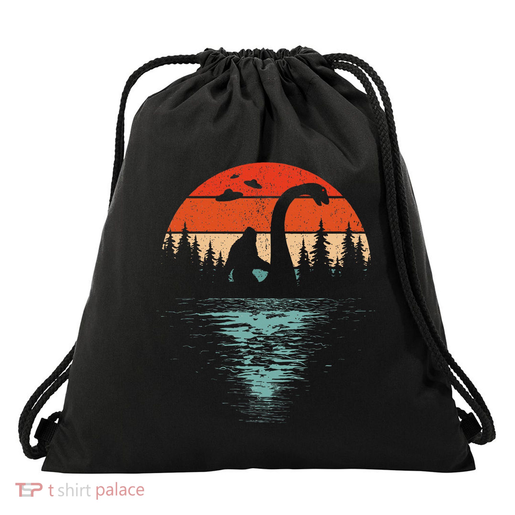 Bigfoot Riding Loch Ness Monster 80s Funny Sasquatch Nessie Drawstring Bag