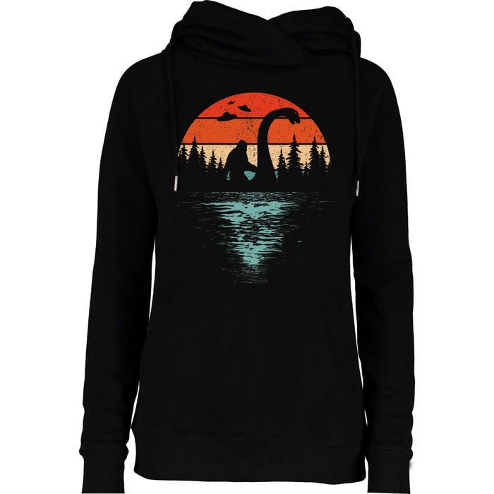 Bigfoot Riding Loch Ness Monster 80s Funny Sasquatch Nessie Womens Funnel Neck Pullover Hood