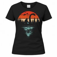 Bigfoot Riding Loch Ness Monster 80s Funny Sasquatch Nessie Women's T-Shirt