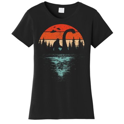 Bigfoot Riding Loch Ness Monster 80s Funny Sasquatch Nessie Women's T-Shirt