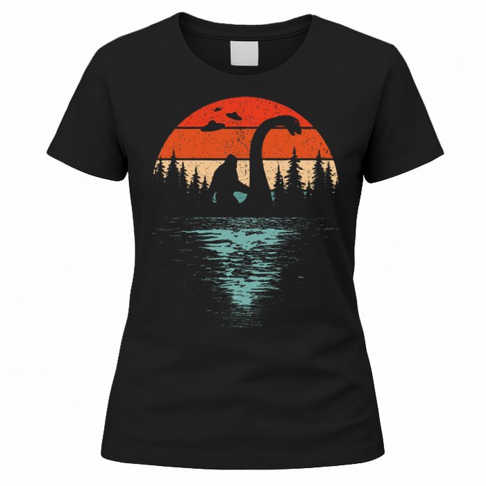 Bigfoot Riding Loch Ness Monster 80s Funny Sasquatch Nessie Women's T-Shirt