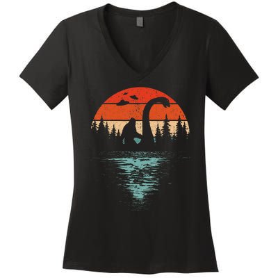 Bigfoot Riding Loch Ness Monster 80s Funny Sasquatch Nessie Women's V-Neck T-Shirt