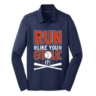 Baseball Run Like You Stole It Funny Baseball Player Silk Touch Performance Long Sleeve Polo