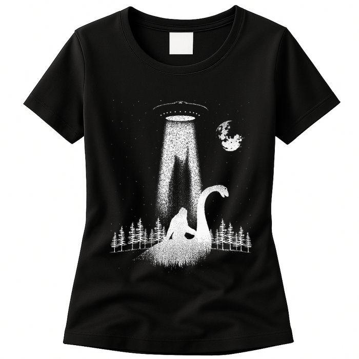 Bigfoot Riding Loch Ness Monster Nessie Funny Sasquatch Ufo Womens T-Shirt