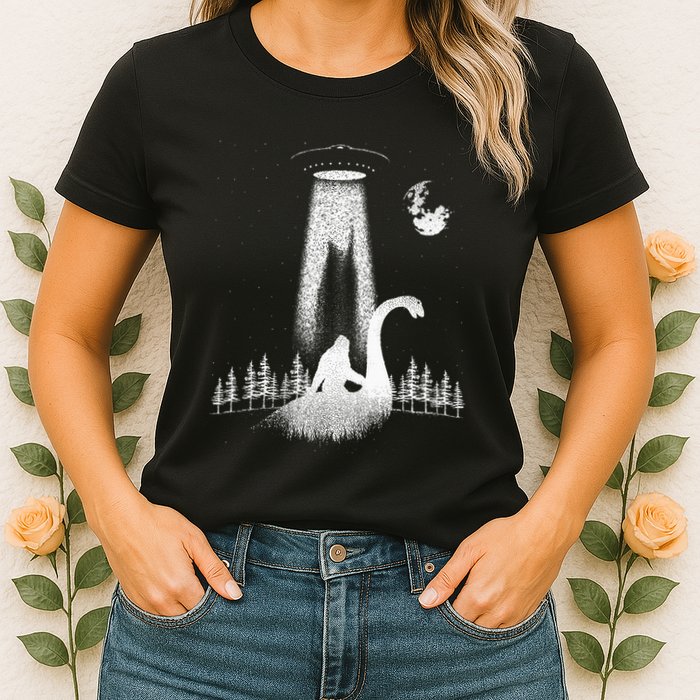 Bigfoot Riding Loch Ness Monster Nessie Funny Sasquatch Ufo Womens T-Shirt