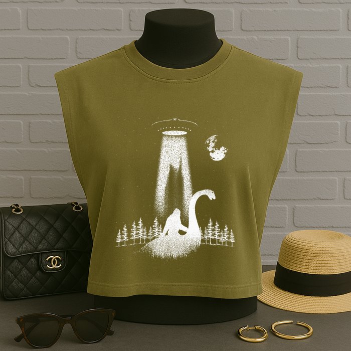 Bigfoot Riding Loch Ness Monster Nessie Funny Sasquatch Ufo Garment-Dyed Women's Muscle Tee
