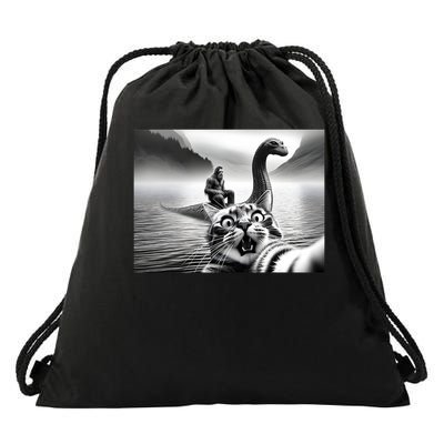 Bigfoot Riding Loch Ness Monster Surprised Scared Cat Selfie Drawstring Bag