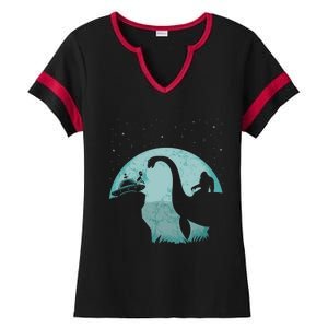 Bigfoot Riding Loch Ness Monster Sasquatch Ufo Abduction Cute Gift Ladies Halftime Notch Neck Tee