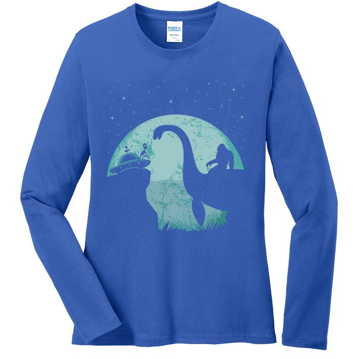 Bigfoot Riding Loch Ness Monster Sasquatch Ufo Abduction Cute Gift Ladies Long Sleeve Shirt