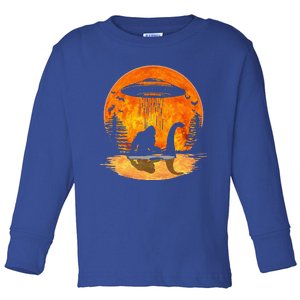 Bigfoot Riding Loch Ness Alien Ship UFO Moon Halloween Toddler Long Sleeve Shirt