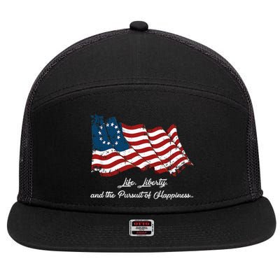 Betsy Ross Life Liberty And The Pursuit Of Happiness Flag 7 Panel Mesh Trucker Snapback Hat