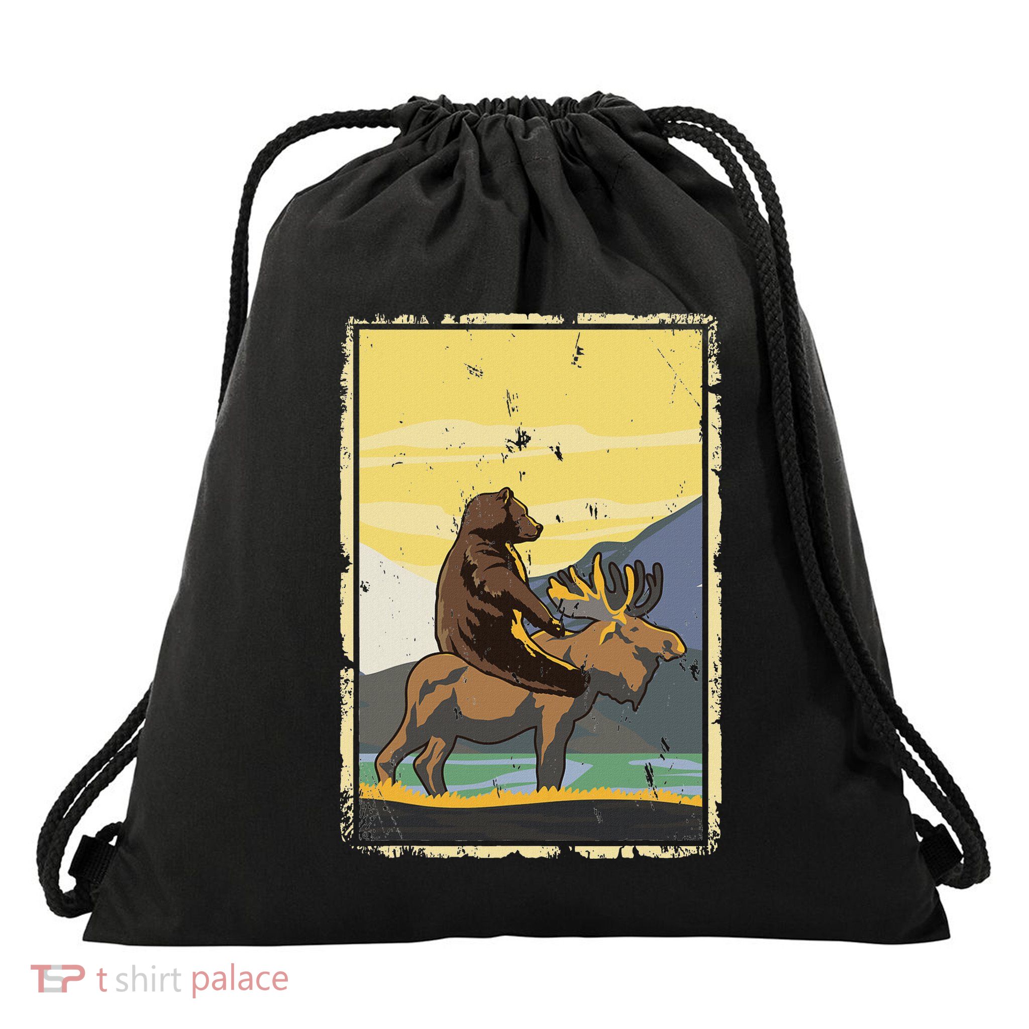 Bear Riding Moose Weird Nature Drawstring Bag