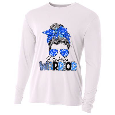 Blue Ribbon Messy Bun Diabetes Awareness Cooling Performance Long Sleeve Crew