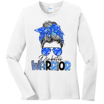 Blue Ribbon Messy Bun Diabetes Awareness Ladies Long Sleeve Shirt