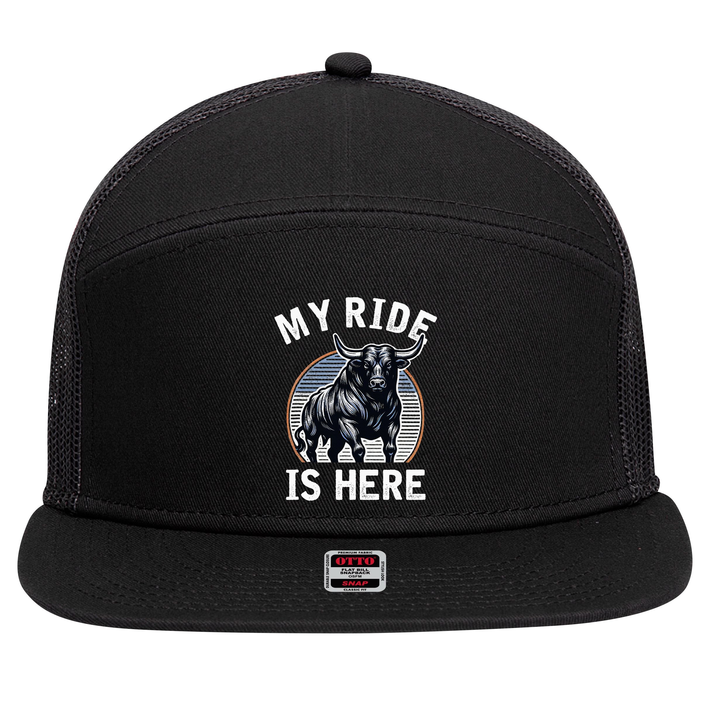 Bull Riding My Ride Is Here Western Cowboy Ranch Rodeo 7 Panel Mesh Trucker Snapback Hat