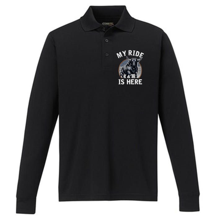 Bull Riding My Ride Is Here Western Cowboy Ranch Rodeo Performance Long Sleeve Polo