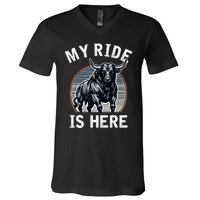 Bull Riding My Ride Is Here Western Cowboy Ranch Rodeo V-Neck T-Shirt