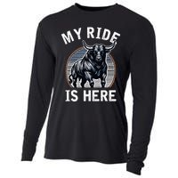 Bull Riding My Ride Is Here Western Cowboy Ranch Rodeo Cooling Performance Long Sleeve Crew