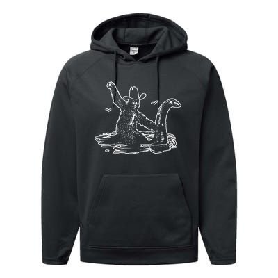 Bigfoot Riding Nessie Performance Fleece Hoodie