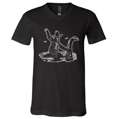 Bigfoot Riding Nessie V-Neck T-Shirt