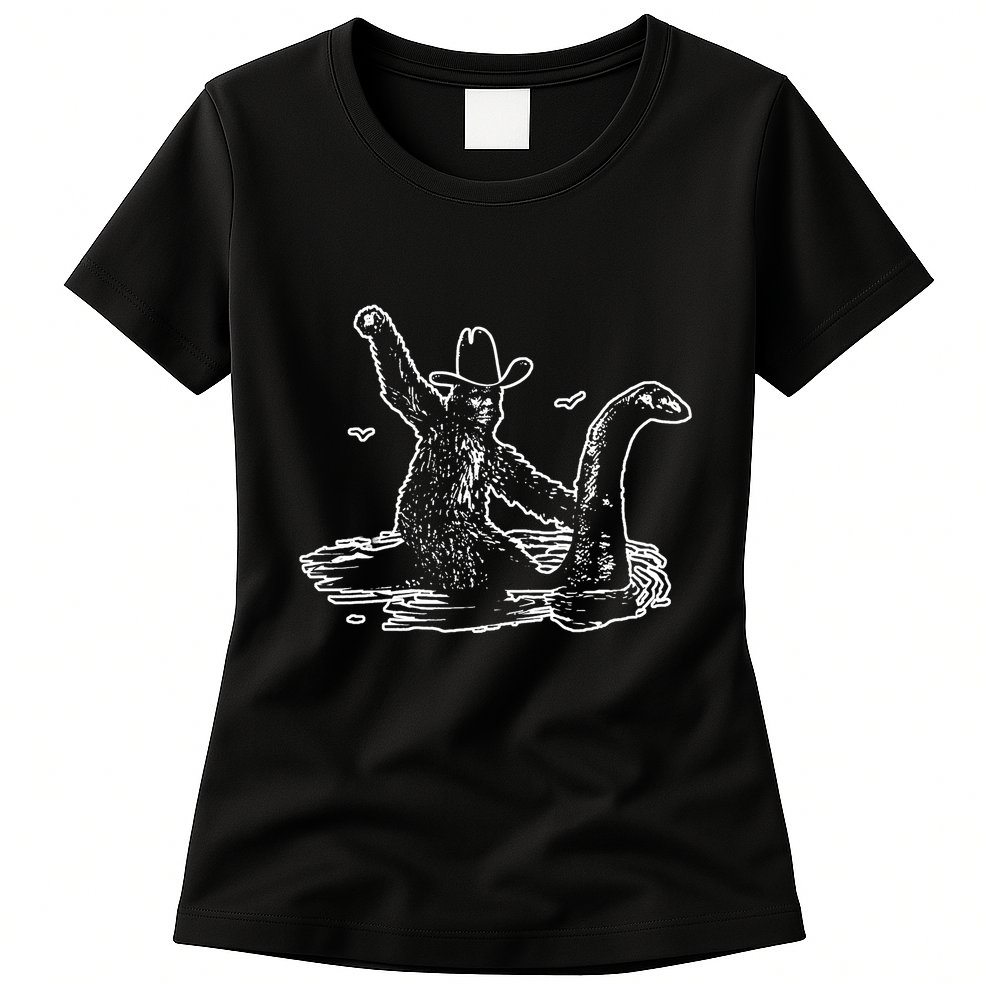 Bigfoot Riding Nessie Womens T-Shirt